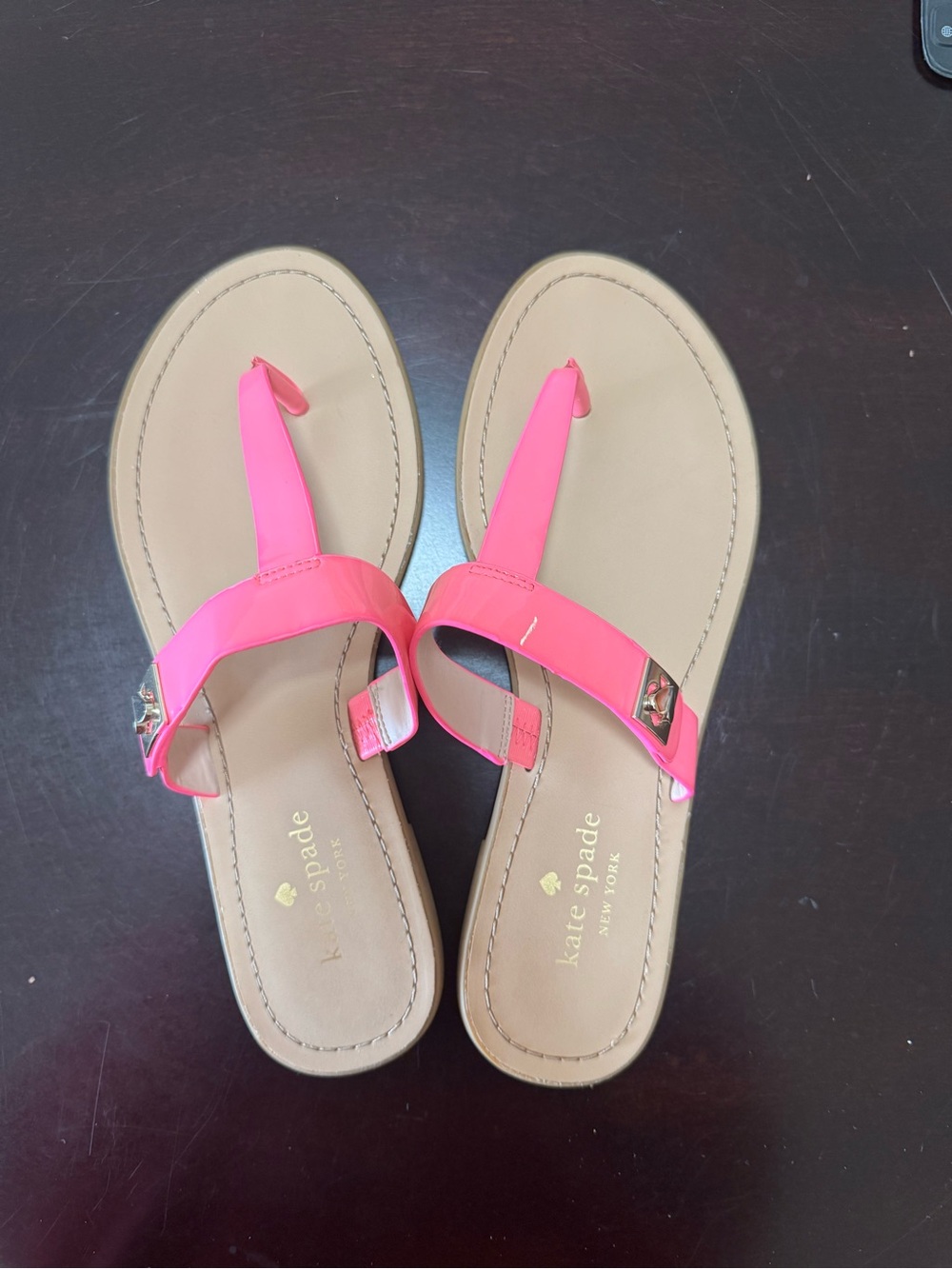 kate spade Bright Pink T-Strap Sandals Flip Flops with Gold Accent